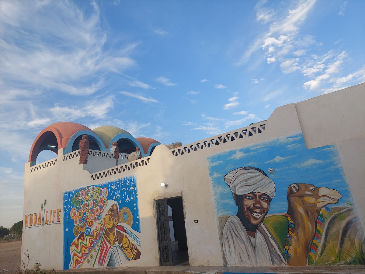 The exterior of a colorful building features murals depicting local culture and wildlife. The architecture showcases arched roofs in vibrant colors, complemented by painted images of a camel and traditional figures. A clear blue sky and scattered clouds provide a serene backdrop.