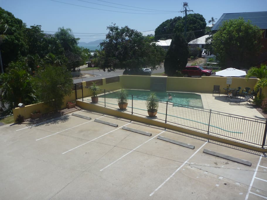 Looking down from balcony across to pool area