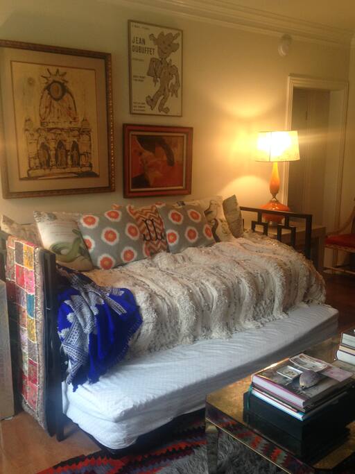 Couch/bed with pull-out trundle bed. Beds are pillow top with memory foam, very comfy!