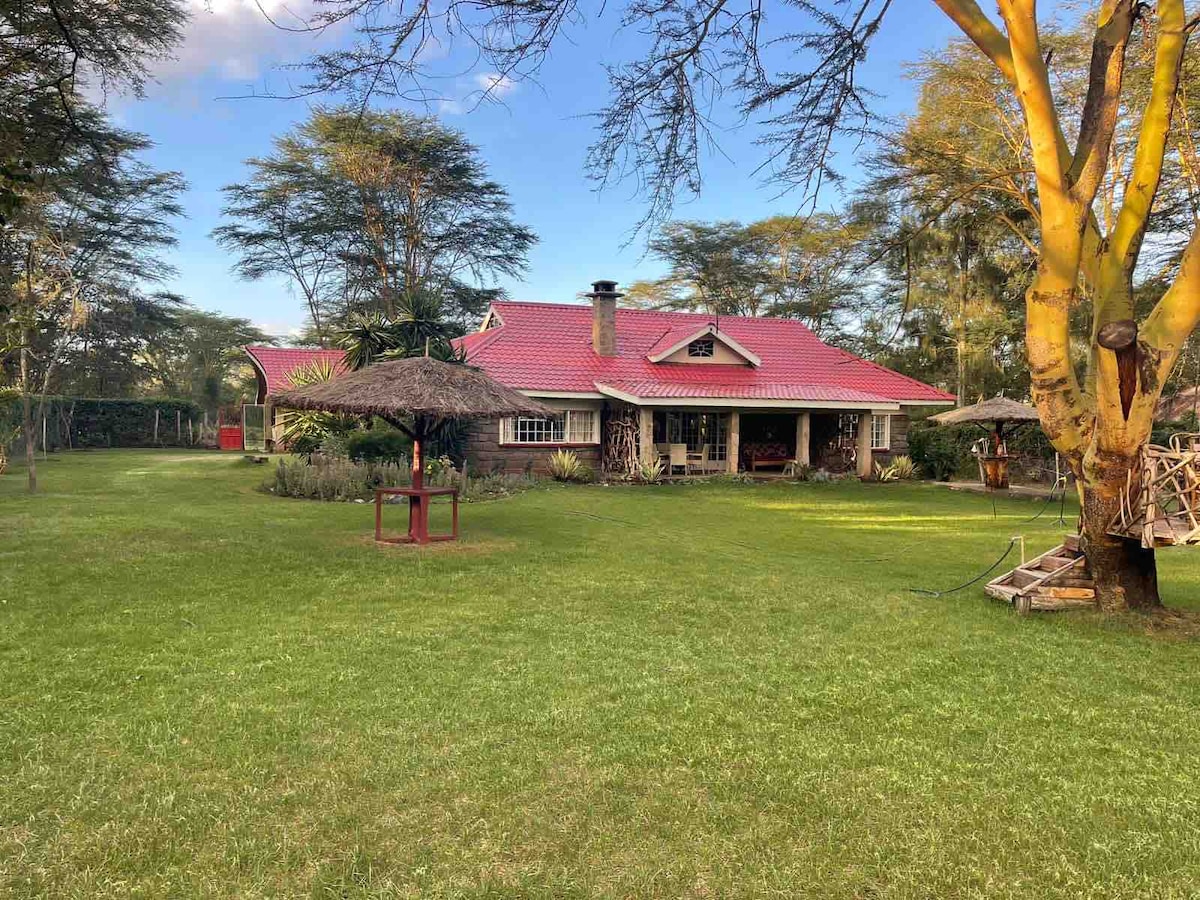 A spacious house with a red roof is surrounded by lush green grass and tall trees. Outdoor seating areas can be seen under shaded umbrellas, providing a serene space to relax. The well-maintained garden enhances the tranquility of the natural setting.