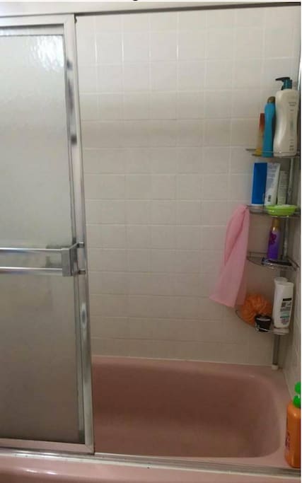 Shower include shampoo, conditioner, body soap.