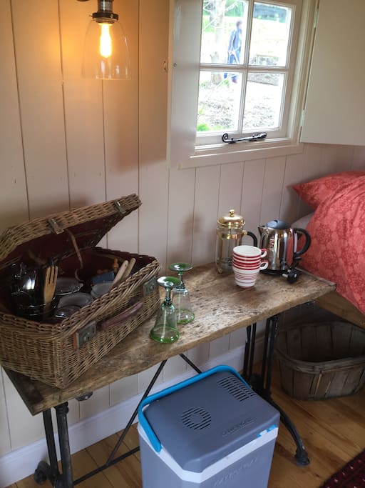 Kettle, coffee maker, electric cool box, plates etc