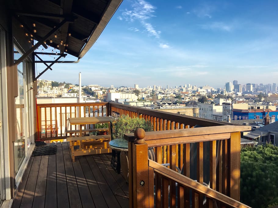 Your balcony with an unobstructed view of the Castro, Bay Bridge, and Downtown San Francisco. Gets sunshine until the late afternoon.