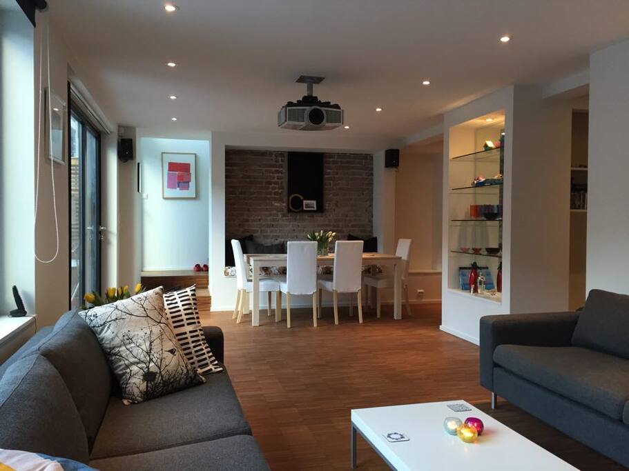 exposed brickwork warms up the space.