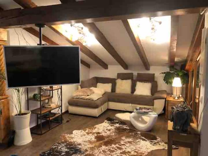 Მისაღები ოთახი გასაშლელი დივნით 140x200, მბრუნავი ტელევიზორი და სტერეო.