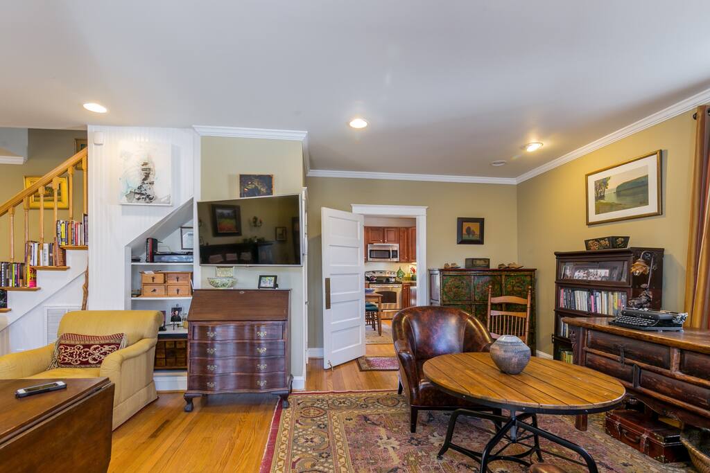 Library on right, living room on left.