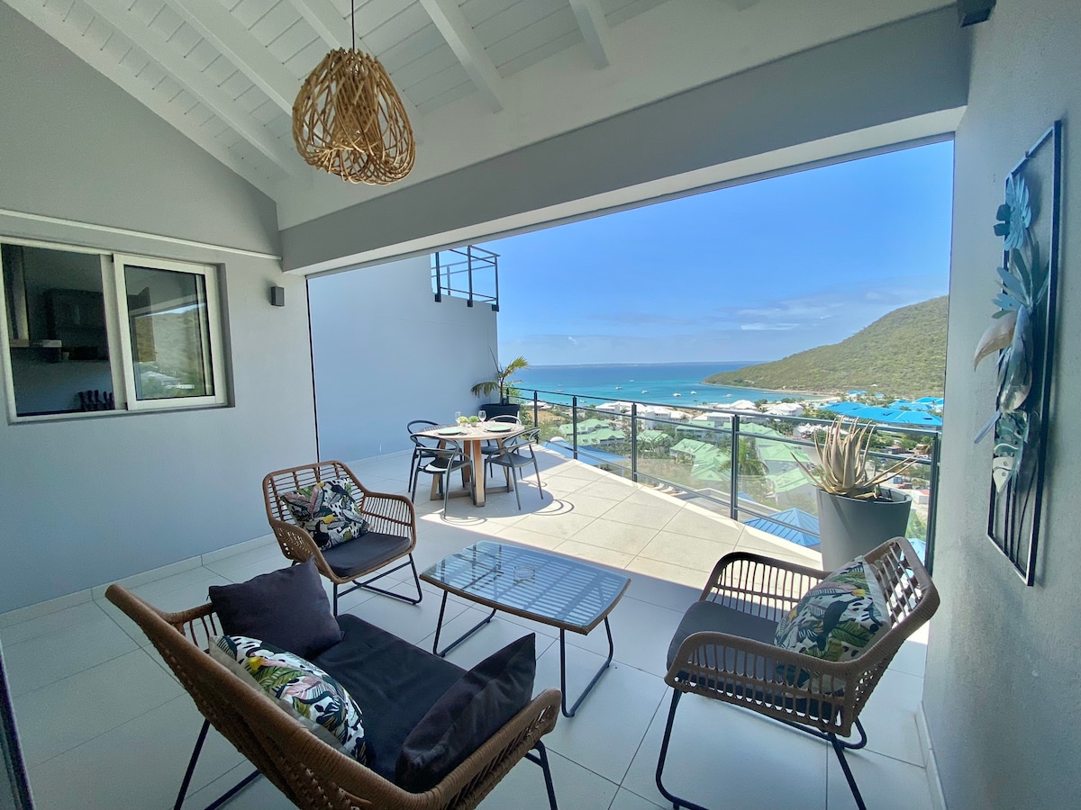 A spacious terrace offers a breathtaking view of the Caribbean Sea, featuring a comfortable seating area with decorative cushions. A glass table is surrounded by four chairs, with the coastline visible in the background. Modern sliding doors lead to the interior kitchen area.