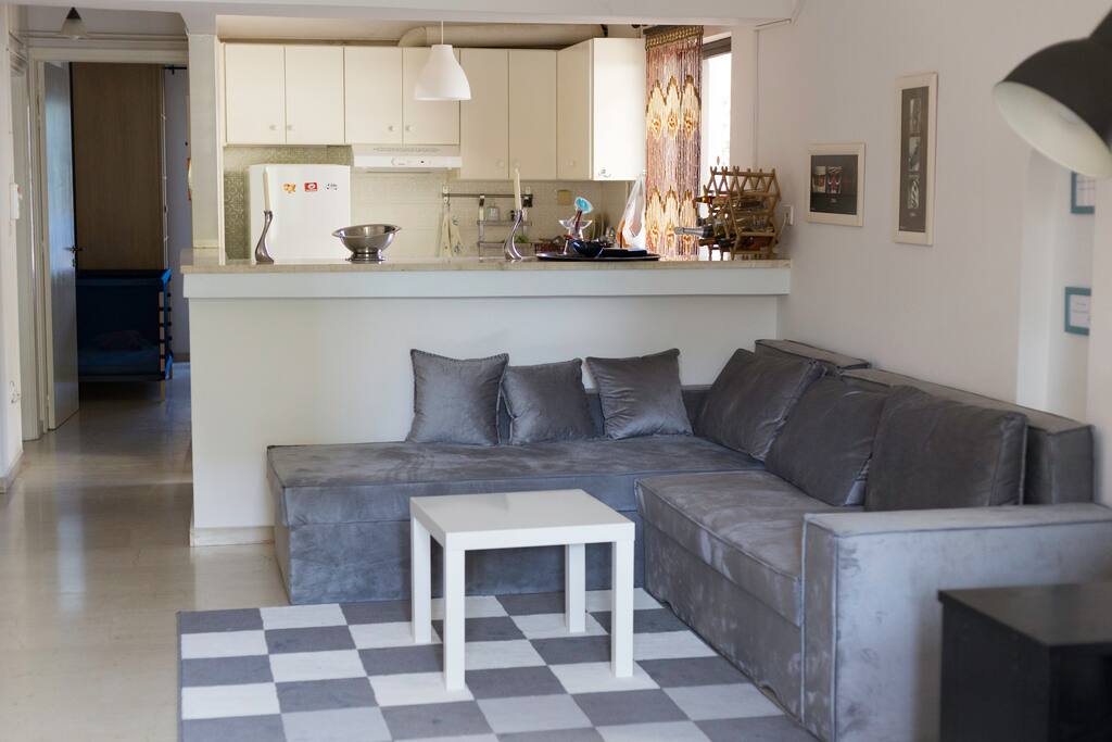 living room with comfortable sofa bed
