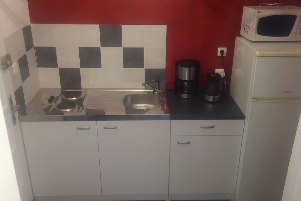 micro onde, cafetiere , bouilloire, frigo congelateur, évier avec plaque de cuisson , hotte, rangement avec vaisselle à dispo