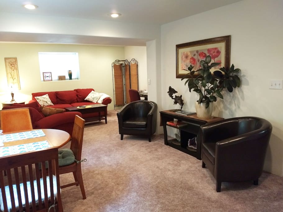 Spacious living room and dining area, private bath and bedreoom