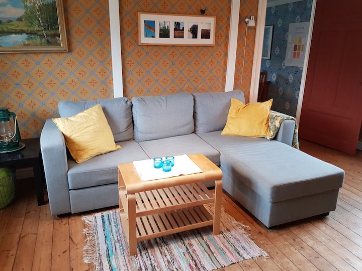 Sovesofa foran pejsen.
