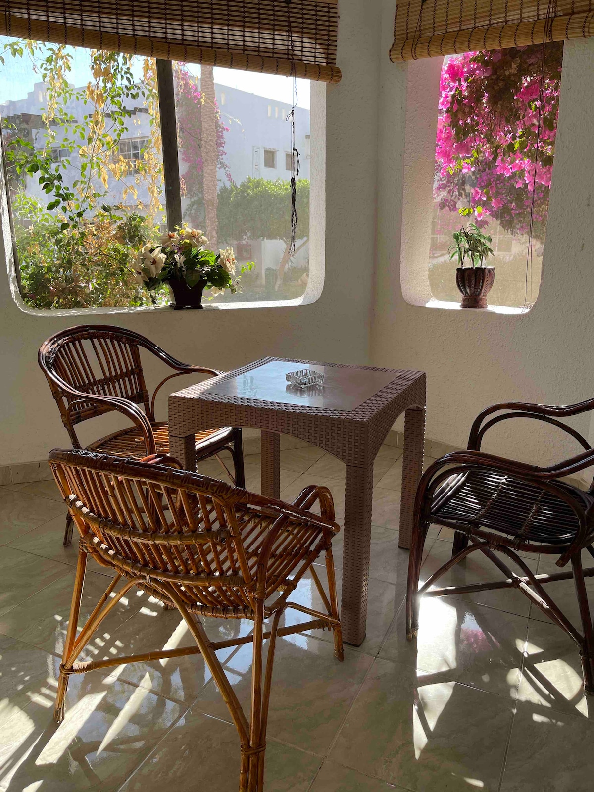 A sunlit corner features a small square table surrounded by four wicker chairs. The windows are adorned with light bamboo blinds, allowing natural light to illuminate the space. Potted plants and vibrant flowers are positioned nearby, enhancing the serene atmosphere.