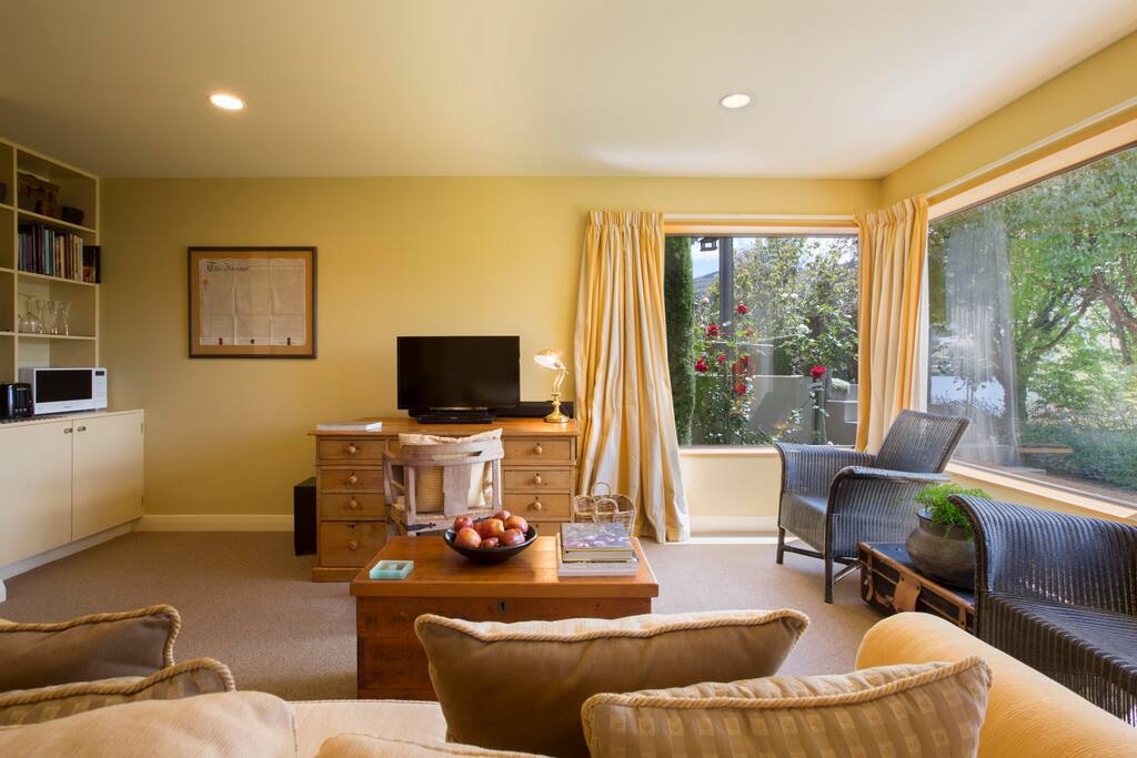 Luxuriously furnished open plan living room with kitchinette