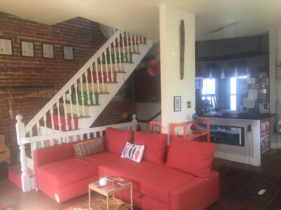 entertainment area and stairway to deck.