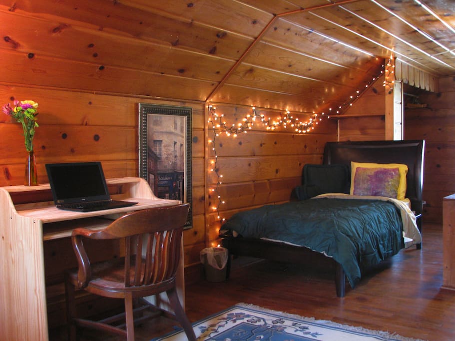 The single bed (with closet behind).