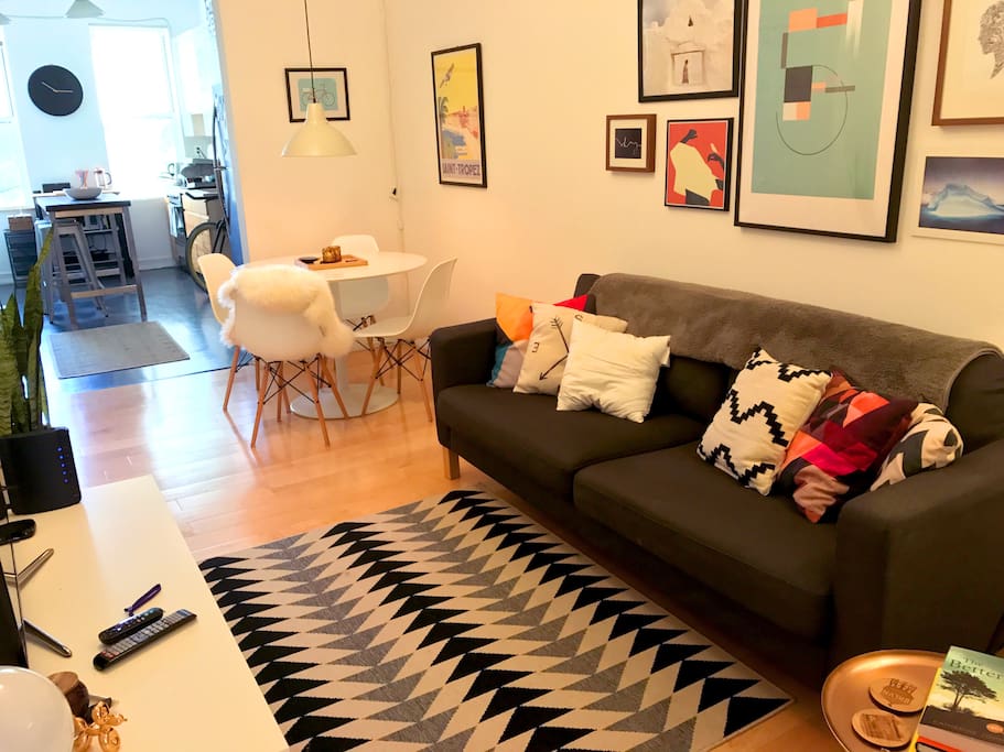 Apartment is flooded with natural light throughout the day. Sunlit kitchen in the morning, and brightly lit bedroom in the evening.