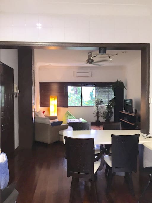Open plan in leafy apartment