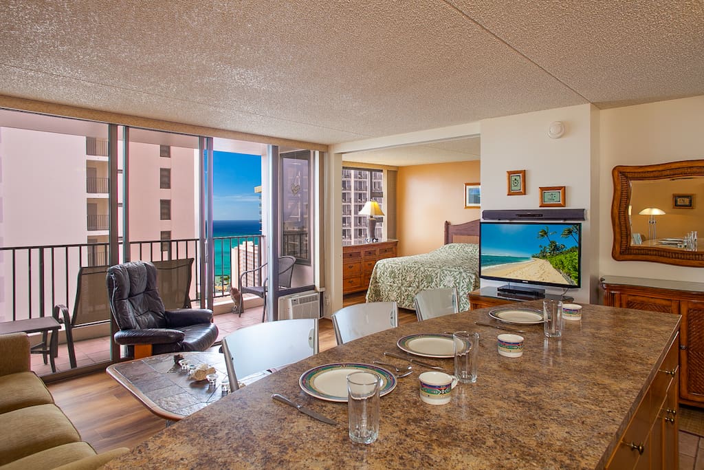 View from kitchen looking towards lanai and ocean.