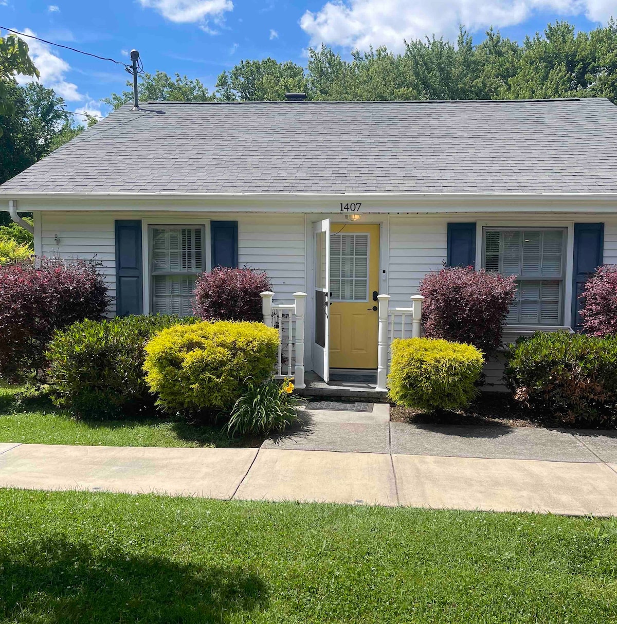 A quaint home exterior with light siding and blue shutters is framed by vibrant landscaping. A welcoming yellow door is centrally positioned, flanked by two symmetrical windows. Lush bushes and neatly trimmed hedges enhance the inviting atmosphere, while a smooth pathway leads to the entrance.