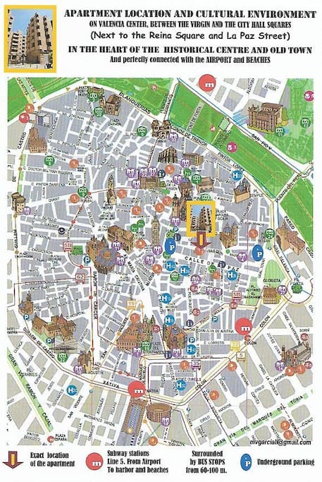Plano turístico de Valencia y su Casco Historico y ubicación del apartamento