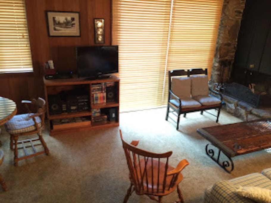 Flat screen television with basic cable and entertainment center that can handle all media, including vinyl.