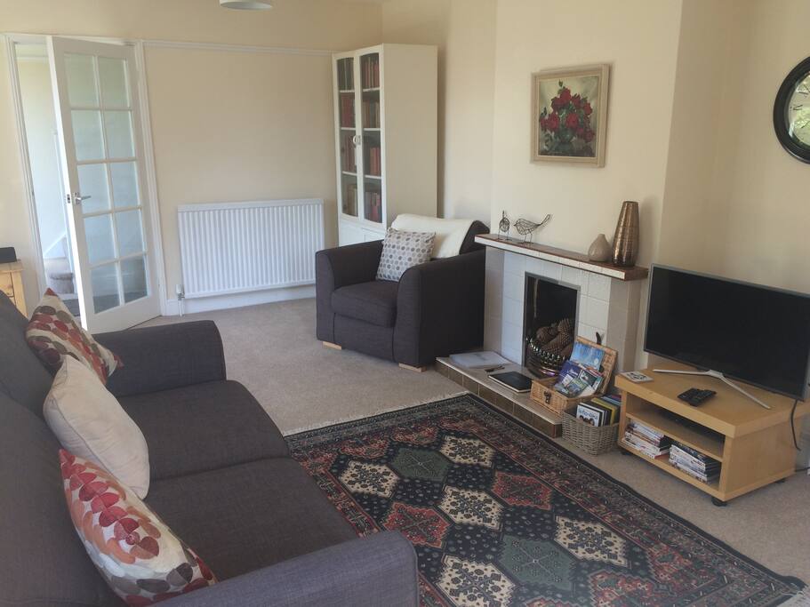 Large living room with smart tv and DVD player