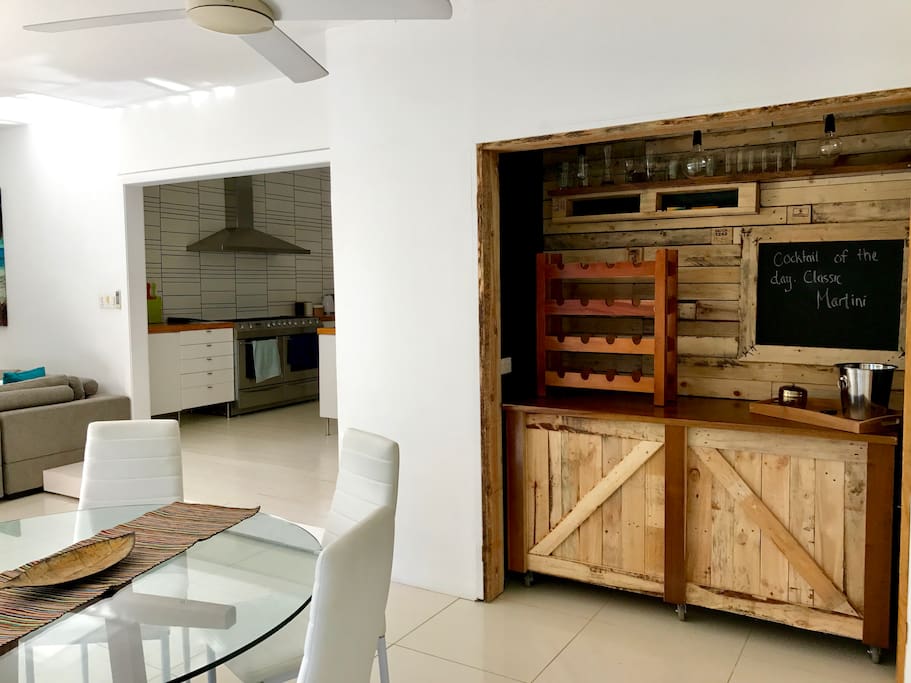 The built in bar is fully functional for all your cocktail creations!