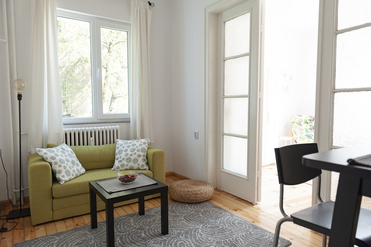 A cozy living area is shown with a green sofa adorned with patterned cushions. A small black coffee table sits in front of it, while a round woven mat is positioned nearby. Natural light enters through large windows, illuminating the wooden flooring.