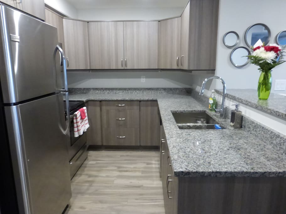 Brand new stainless steel appliances, equipped with the necessities.
