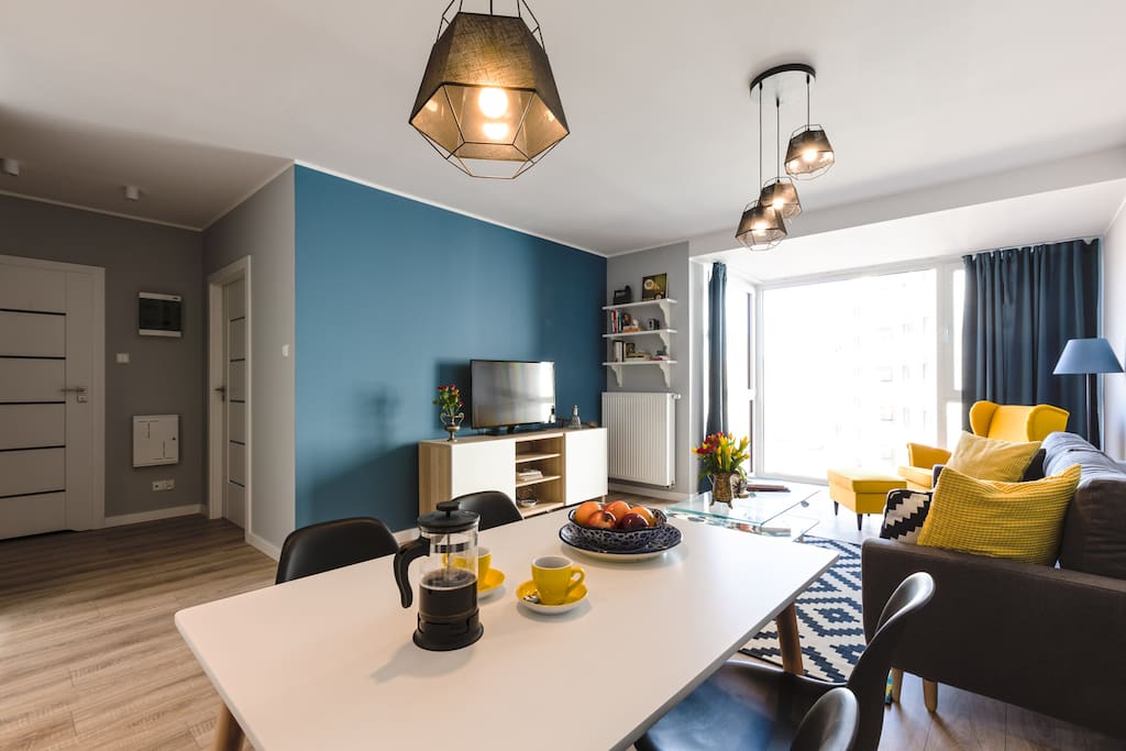 Decorated in bright and warm colours it will make you feel as cozy as home! You are welcome to use the Smart HD flat screen TV with access to your Spotify, Netflix etc.