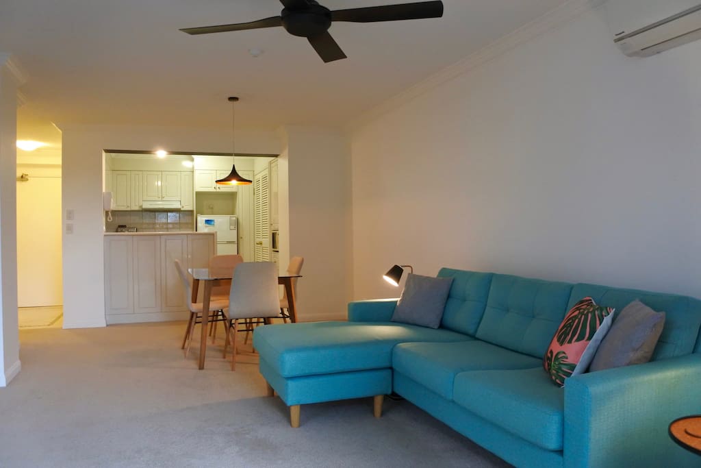 Kitchen overlooking dining/living area.