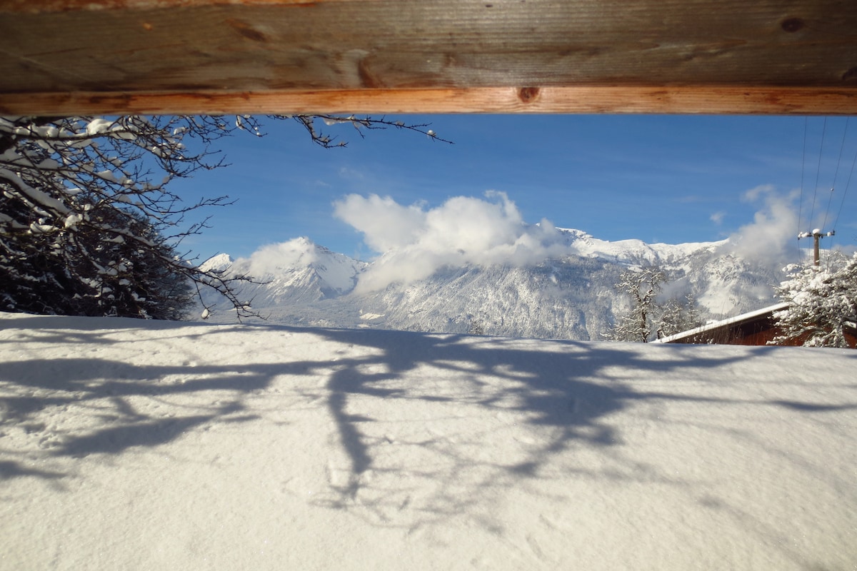 A view from a wooden frame showcases a snowy landscape with mountains in the background. The sunlight reflects off the snow, creating soft shadows from the surrounding trees. Fluffy white clouds float above the peaks, enhancing the serene winter scenery.