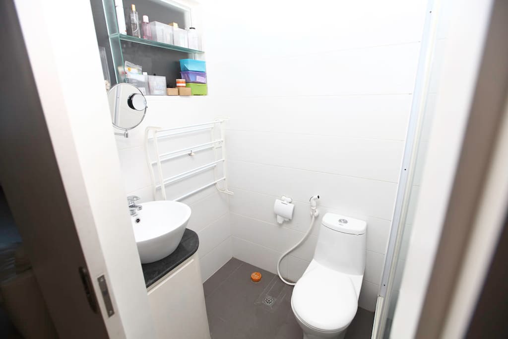 Clean bathroom with bidet and hot/cold shower.