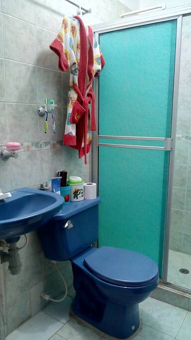 Baño con ducha. Toallas, jabón y shampoo.