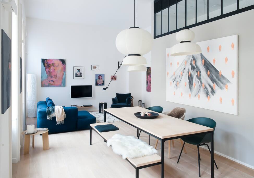 spacious living room, real art work
