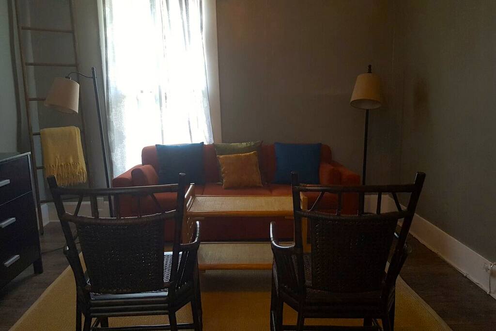 Second room has fabulous 70s couch with a brand new memory foam mattress.