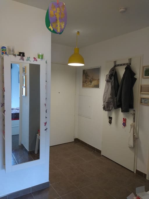 Entrée, porte principale au fond, toilettes, meuble miroir/rangement.