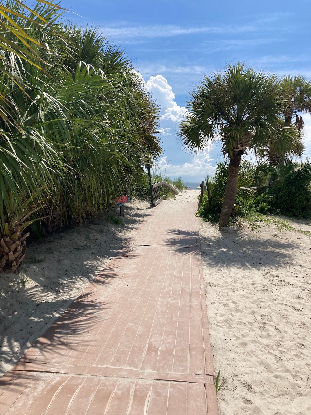 A sandy pathway bordered by lush palm trees leads toward the beach. Bright blue skies with scattered clouds are visible above, creating a serene coastal atmosphere. The walkway provides easy access from the lush greenery to the sandy shore.