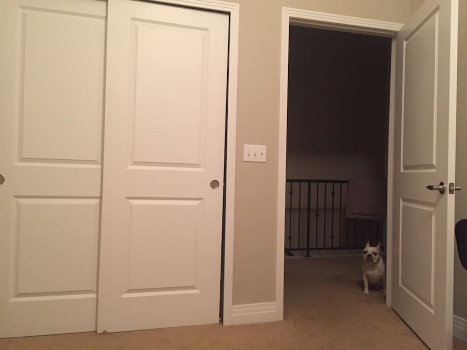 Closet view of your bedroom. It is on the second floor, so be aware if stairs are an issue. Your bathroom is just across the hall. Front loading washer and dryer are upstairs too.