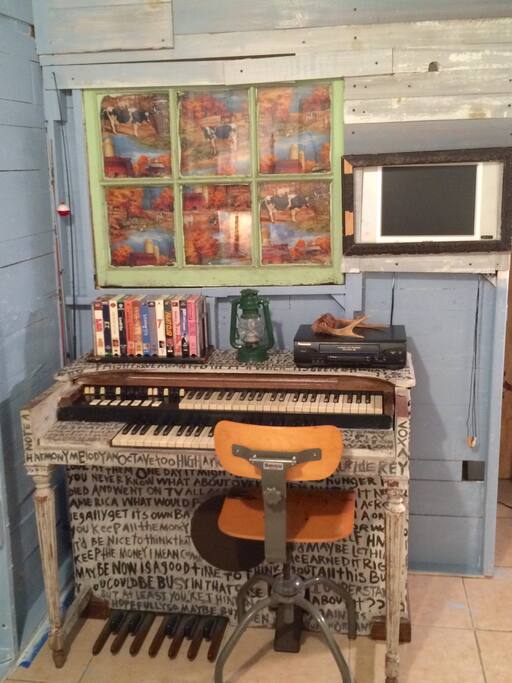Our hammond organ is in the cabin along with a small selection of VHS