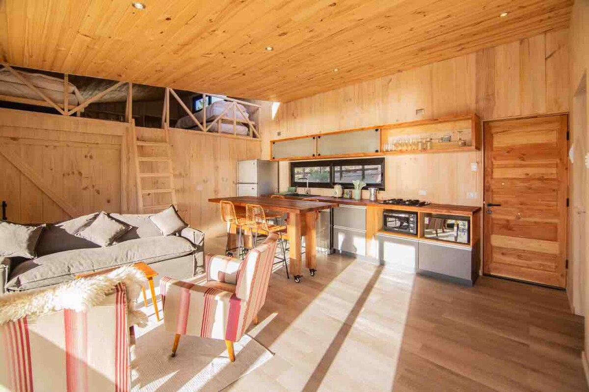 An open-plan living space features wooden walls and ceiling, complemented by abundant natural light. A spacious kitchen area with modern appliances is visible. Comfortable seating arrangements are provided, including a striped armchair and a cozy sofa, creating a relaxed atmosphere for gatherings.