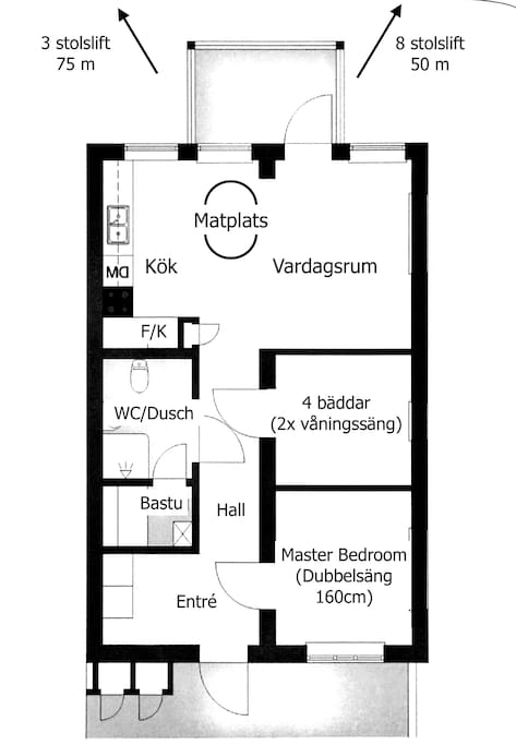 Smart planned apartment design for 6+2 ski guests.