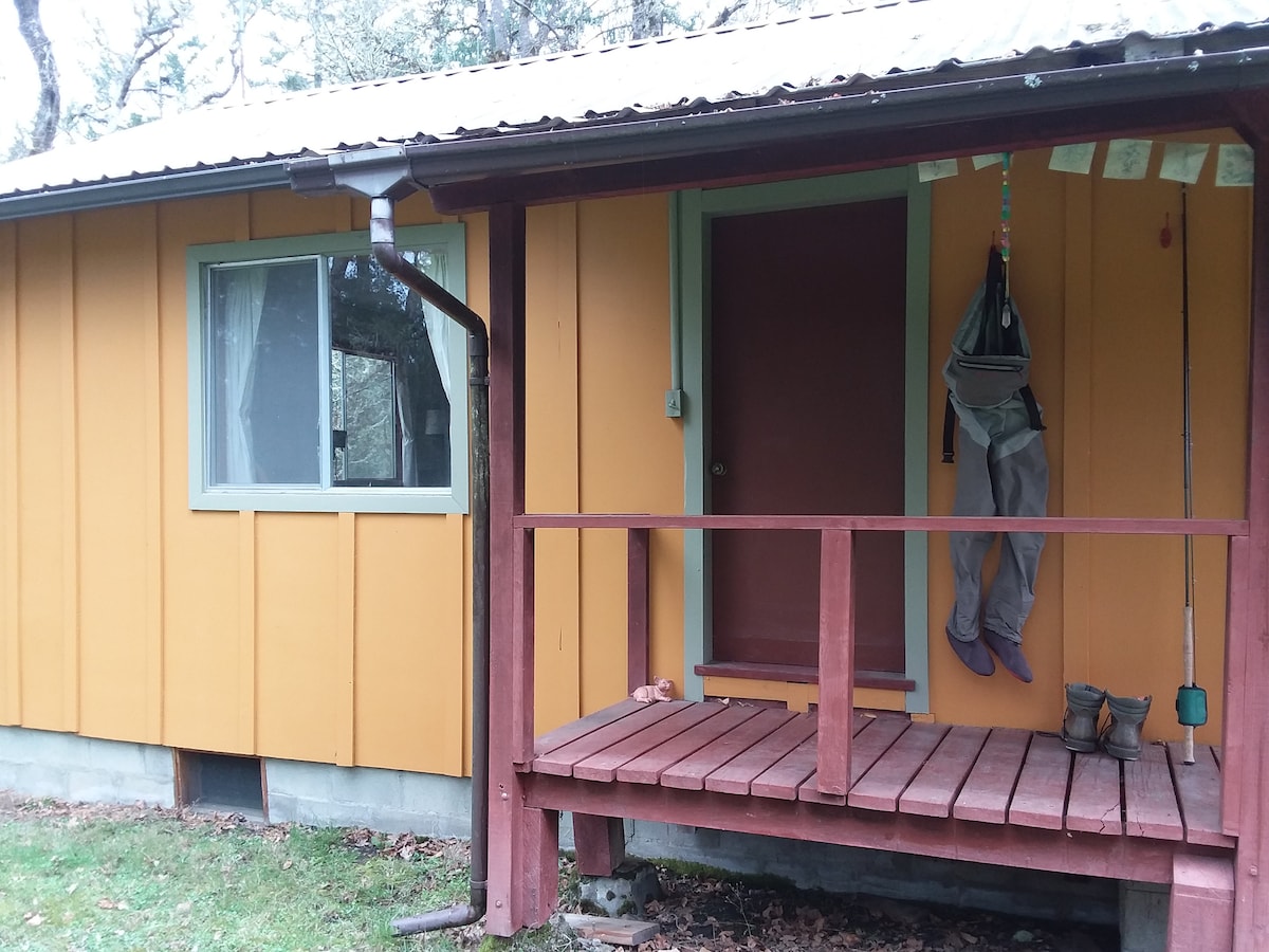 A rustic cabin exterior features warm orange siding and a welcoming porch. A window allows natural light into the interior, and the entrance is adorned with a hanging coat and gear. Stone steps lead up to the porch, which is framed by green foliage.