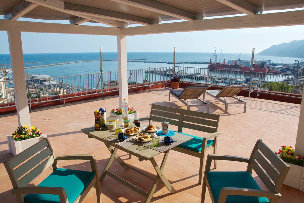 Enjoy your breakfast in the shadow with the view over Salerno and Amalfi Coast