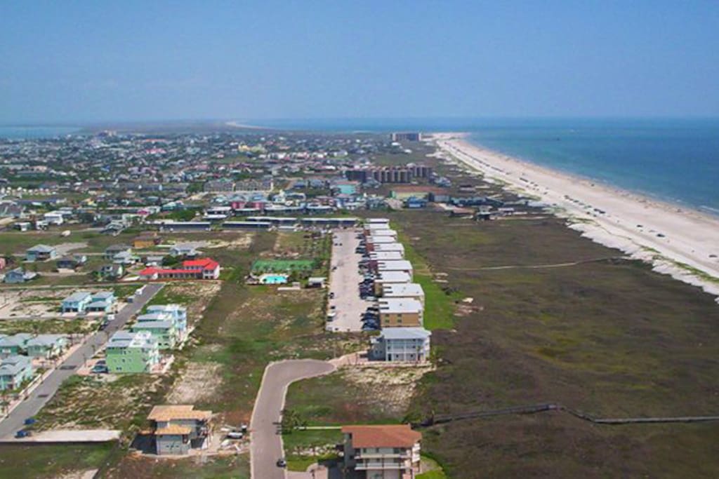 Aerial photo of Port Aransas and the Gulf of Mexico