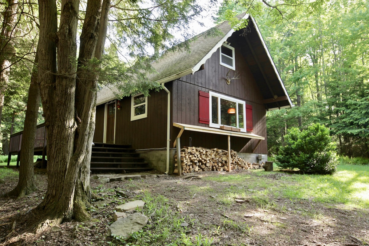 A rustic cabin is nestled among tall trees, featuring a sloped roof and red shutters. Firewood is stacked neatly beside the entrance, which is accessed by a set of stairs leading to a spacious deck. Lush greenery surrounds the cabin, creating a private atmosphere.