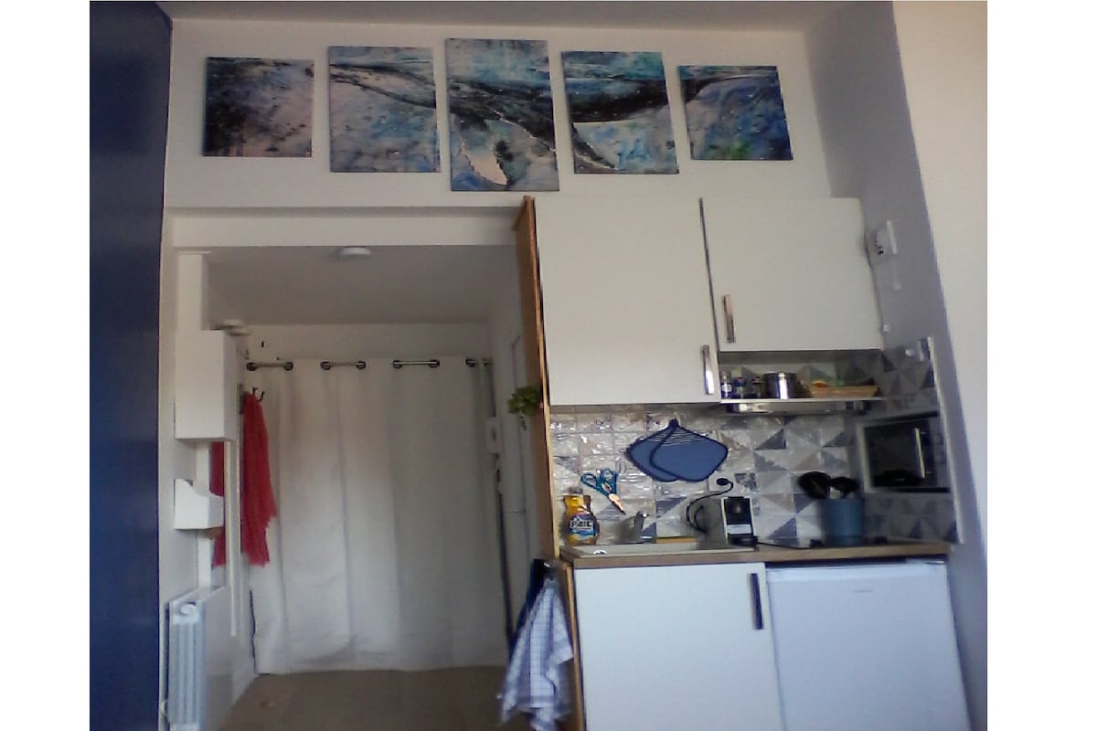 A functional kitchenette is presented with modern cabinetry and patterned backsplash. Above, vibrant artwork depicting ocean themes complements the space. A curtain hangs in the doorway, leading to a bright area. Nearby, essential appliances are organized carefully on the countertop.