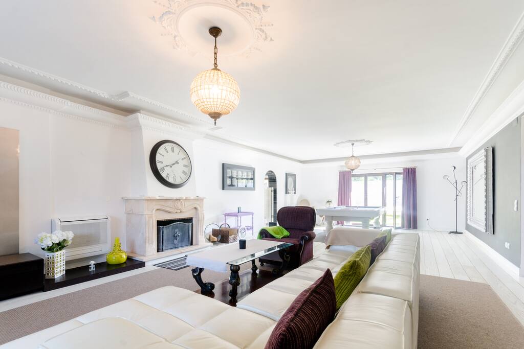 Living-room with fireplace and billiard.