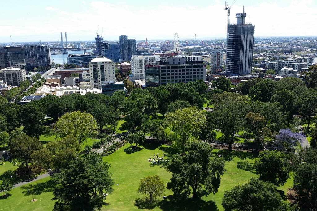 Amazing views out over Flagstaff Gardens, with Yarra River, Bolte Bridge and Melbourne Observation Wheel in the background.