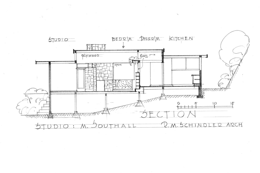 Architectural section for RM Schindler's Southall Studio, 1938.